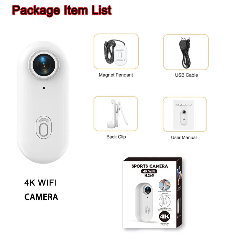 4K HD Mini Vlog Camera with Wi-Fi Connectivity - Portable Action Body Cam for Sports and Travel Photography, Compact Video Recorder