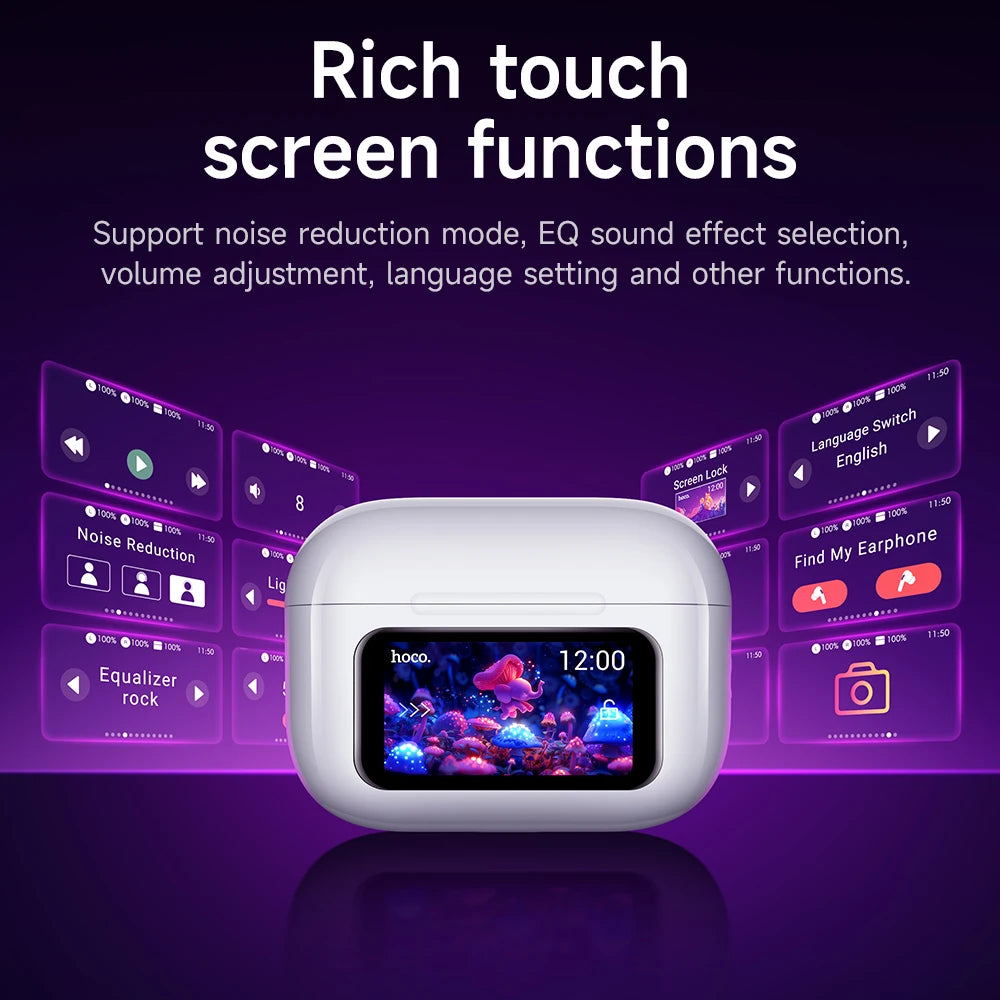 EW72 Wireless Bluetooth 5.4 ANC Noise-Cancelling Earphones with LED Touchscreen Charging Case for Music and Sports